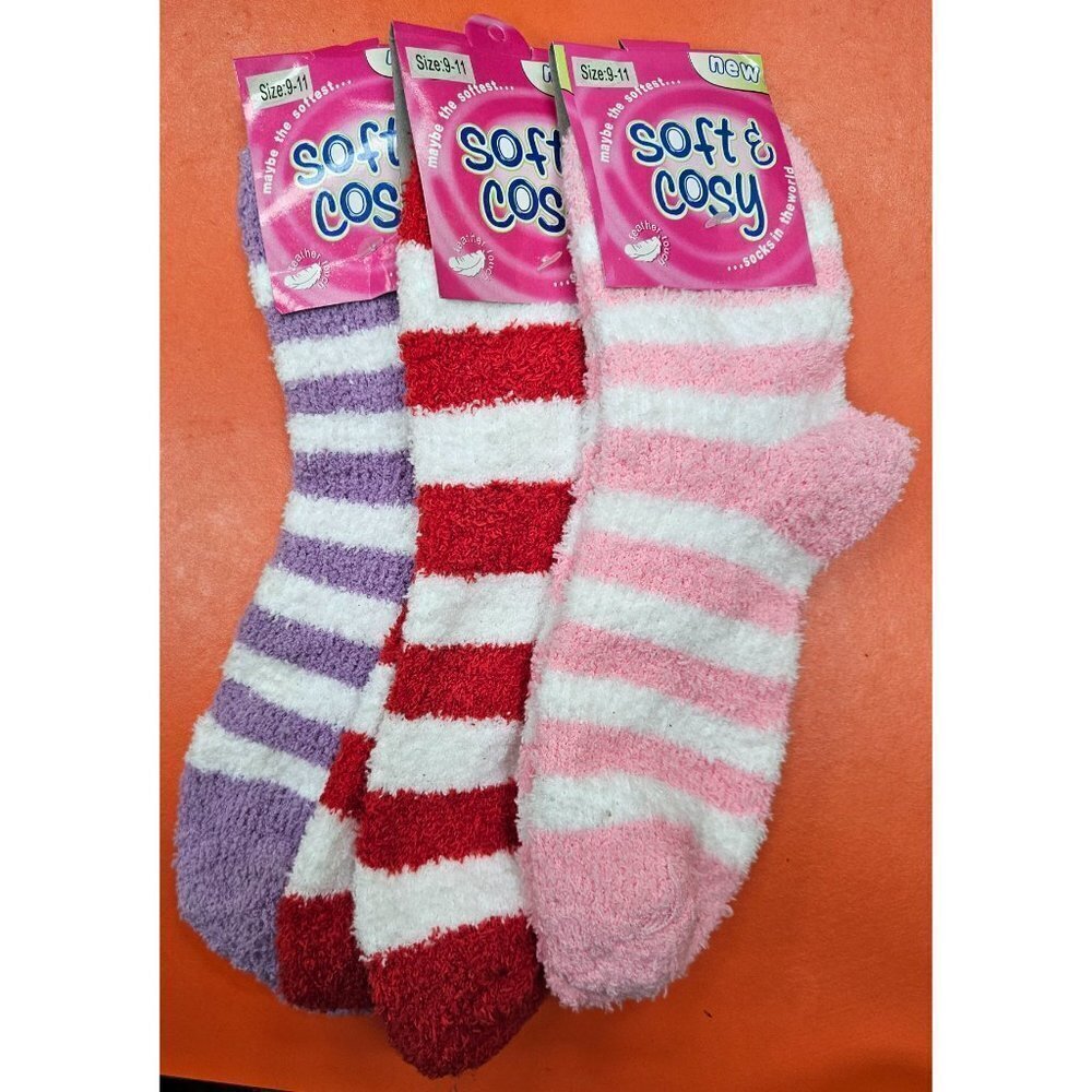 Women Slipper Fuzzy Socks 9-11 Super Soft Winter Non-Skid Cozy Stripe, 3 Pack